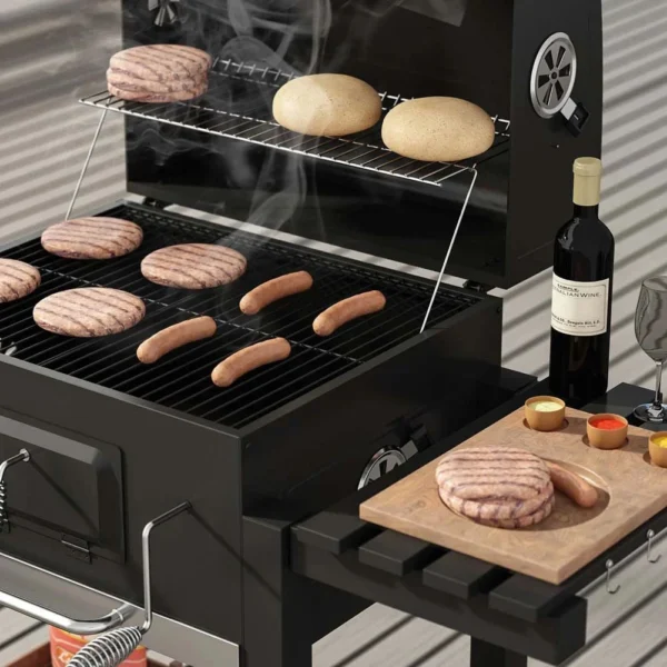 Outdoor Portable BBQ Charcoal Grill, Wheelbarrow Garden Grill with Lid, Folding Table, Bottom Shelf and Thermometer - Image 3