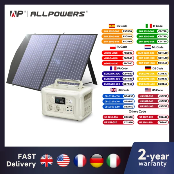 ALLPOWERS R600 Portable Power Station with Solar panel 100W , 600W 299Wh LiFePO4 Solar Generator UPS Battery Backup MPPT for RV