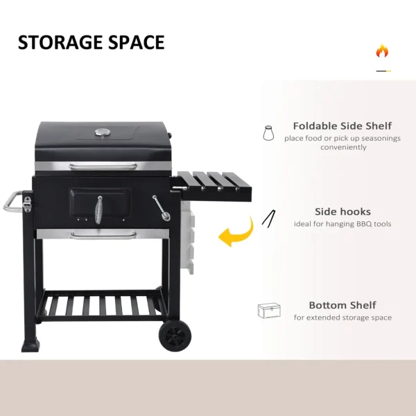 Outdoor Portable BBQ Charcoal Grill, Wheelbarrow Garden Grill with Lid, Folding Table, Bottom Shelf and Thermometer - Image 5