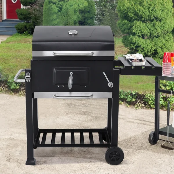 Outdoor Portable BBQ Charcoal Grill, Wheelbarrow Garden Grill with Lid, Folding Table, Bottom Shelf and Thermometer - Image 2