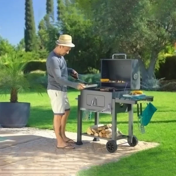 Outdoor Portable BBQ Charcoal Grill, Wheelbarrow Garden Grill with Lid, Folding Table, Bottom Shelf and Thermometer - Image 4