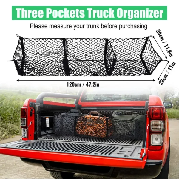 3 Pockets Cargo Net Stretchy Trunk Storage Organizer Net Heavy-Duty Luggage Holder with Mount Kit For SUV Pickup Truck Van - Image 2