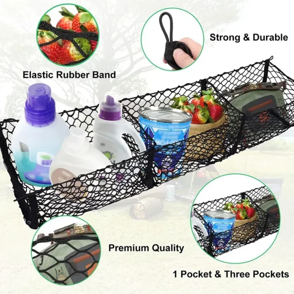 3 Pockets Cargo Net Stretchy Trunk Storage Organizer Net Heavy-Duty Luggage Holder with Mount Kit For SUV Pickup Truck Van - Image 3