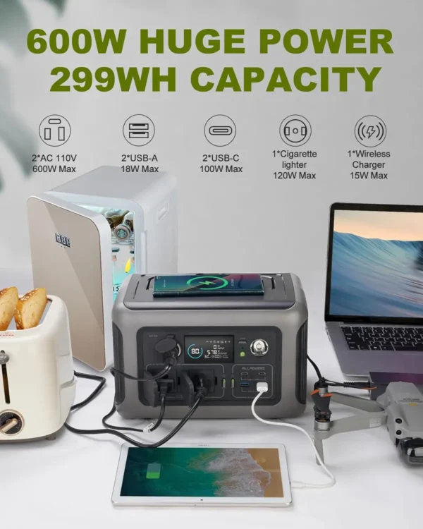 ALLPOWERS R600 Solar Generator with SolarPanel (Optional), 600W 299Wh LiFePO4 Portable Power Station with Solar Charger for Camp - Image 6