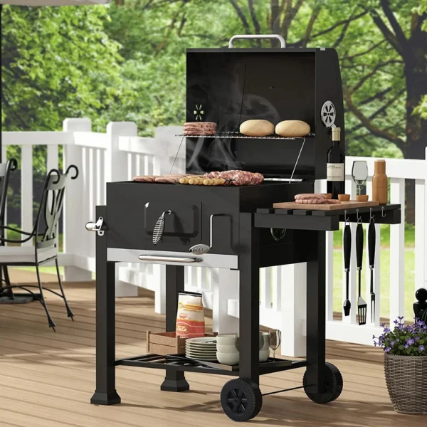 Outdoor Portable BBQ Charcoal Grill, Wheelbarrow Garden Grill with Lid, Folding Table, Bottom Shelf and Thermometer
