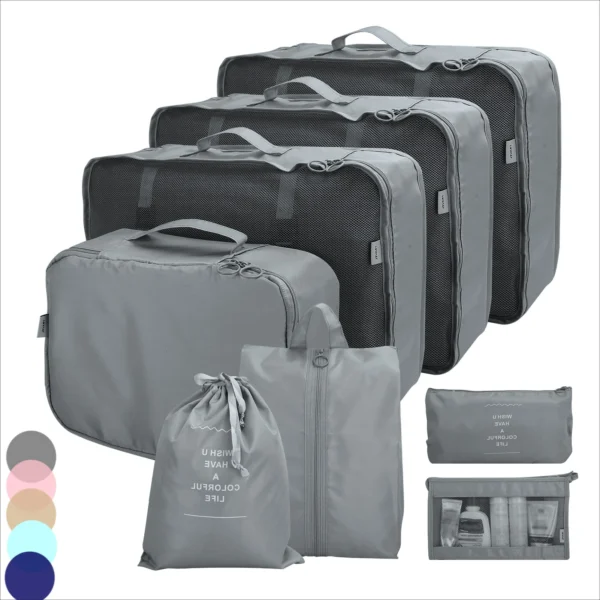 Waterproof Packing Cubes 8pc Set for Suitcases Travel Packing Organizer With Double Zipper Pulls Mesh Top 100% Durable Polyester